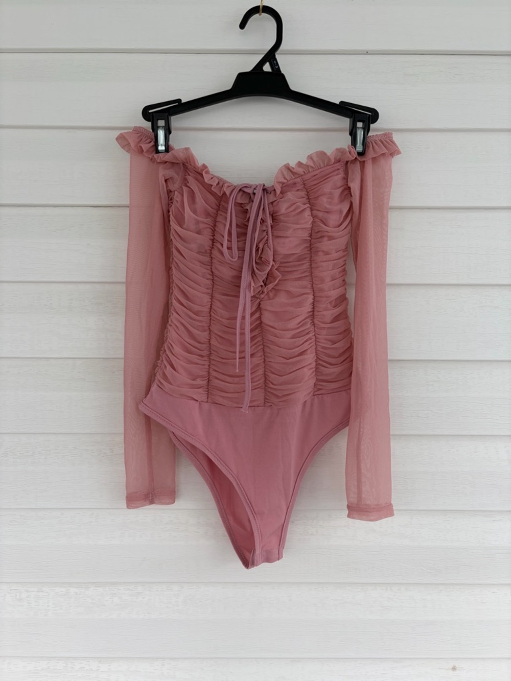 NWOT Fashion Nova XS Dusty Rose Ruched Mesh Bodysuit Corset Coquette